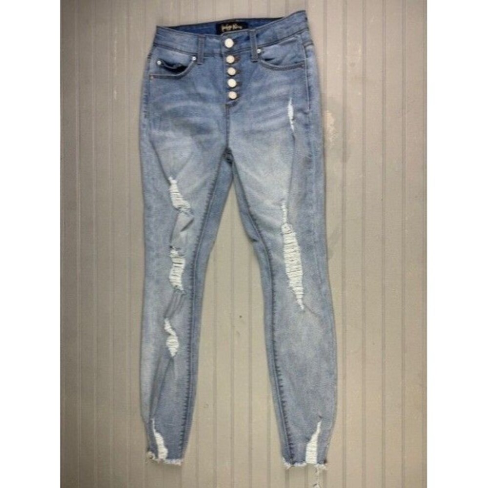 Indigo Rein Size 3 25 Womens Jeans Distress Skinny Raw Hem Button Fly Mid Rise
